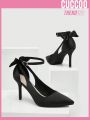 Cuccoo Everyday Collection Women Bow Decor Ankle Strap Point Toe Stiletto Heeled Pumps, Glamorous Black Satin Pumps
