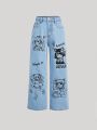 SHEIN Tween Girls' Y2K Trendy Cartoon Patter& Letter Graphic Ripped Washed Denim Straight Leg Jeans,Girls Spring And Summer Clothes Outfits