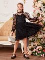 SHEIN Kids FANZEY Girls' Woven Plush Sheer Stand Collar Loose Elegant Dress