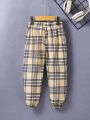 SHEIN Kids Academe Toddler Boys' Checked Pattern Printed Casual Pants With Drawstring