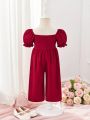 SHEIN Baby Girls' Casual Red Short Sleeve Jumpsuit With Frilled Trim And Pants