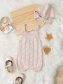 Newborn Baby Boys' Solid Color Knitted Romper With Suspender Straps, Autumn And Winter