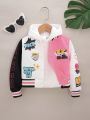 Young Girl's Fashionable Colorblock Splice Sports Jacket With Various Printed Patches For Autumn And Winter