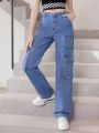 Teen Girls' Cargo Inspired Straight Leg Jeans With Wash Effects