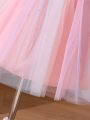 SHEIN Kids EVRYDAY Little Girls' Short Sleeve Sequin Mesh Patchwork Dress For Romantic Party
