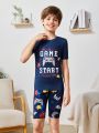 SHEIN Tween Boys' Tight-Fitting Casual Round Neck Graphic T-Shirt Shorts Home Wear Two-Piece Set