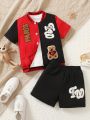 SHEIN Kids SUNSHNE Young Boy's Cute Embroidered Patchwork Alphabet & Bear Patterned Short Sleeve Baseball Collar Shirt And Shorts Set For Summer Casual Look