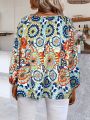 Plus Size Full Printed Long Sleeve Blouse