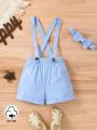 Baby Boy's Pure Blue Textured Suspenders Shorts With Folded Hem And Bow Tie