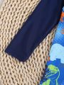 SHEIN Baby Boys' Cartoon Dinosaur Pattern Color Block Long Sleeve One-Piece Swimsuit