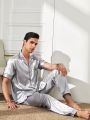 Men Contrast Piping Button Front Satin Pajama Set