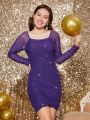 Teen Girl Ruched Side Sequin Mesh Bodycon Dress