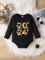 Baby Boys' Casual Long Sleeve Bodysuit With New Year Slogan Print