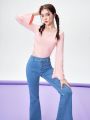 Teen Girl's Casual, Comfortable And Simple Ruffle Solid Color Bell Sleeve Top And Pants Set