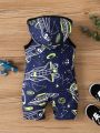 Infant Boys' Fashionable And Cool Short Romper With Hood, Color Block Front Zipper Closure, Sleeveless And Large Pockets (Printed Pattern), Simple And Generous Style, Spring / Summer
