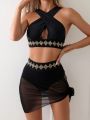 SHEIN Swim Classy Women's Woven Strap Cross Design Swimsuit Set