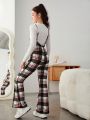 Teen Girl Plaid Print Flare Leg Suspender Jumpsuit Without Tee