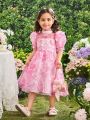 SHEIN Kids FANZEY Young Girl's Stand-Up Collar Puff Sleeve Floral Pattern Organza Dress
