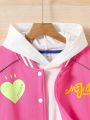 Teen Girl Heart & Letter Graphic Striped Trim Drop Shoulder Varsity Jacket Without Hoodie