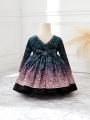 SHEIN Baby Girls' Romantic Elegant Imitation Pearl Gradient Starry Blue Long Sleeve Dress Formal Dress