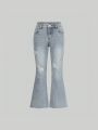Tween Girl's Basic Everyday Light Blue Washed Ripped Flared Jeans With Stretch