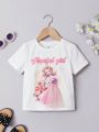 SHEIN Kids QTFun Toddler Girls' Pretty Girl Pattern T-Shirt With Mesh Splice