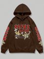 ROMWE Street Life Guys Pullover Hoodie With Letter & Skull Print And Drawstring