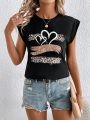 SHEIN LUNE Women's Heart Leopard Print Round Neck T-Shirt