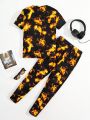 SHEIN Boys' Casual Flame Print Round Neck Short Sleeve Top And Long Tight Pants Homewear Set