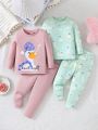 Baby Girl'S Cute Duck Print Long Sleeve Bodysuit And Pants Tight Fit Sleepwear Set In Two Colors