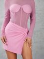 SHEIN BAE Solid Color Mesh Perspective Patchwork Bodysuit And Mesh Twist High Split Tight Skirt