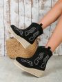 Women's Platform Thick Heel Boots With Embroidery Design, Slip On Style, Large Size, Retro Ankle Booties With Jute Sole For Autumn And Winter
