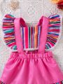 Baby Girls' Colorful Striped Patchwork Dress With Ruffle Hem And Suspenders, Vintage And Romantic