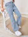 SHEIN Young Girl Lovely Heart Embroidery Water Washed High Elasticity Slim Fit Flare Jeans