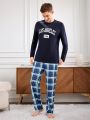 Men's Letter Printed Top & Plaid Pants Homewear Set
