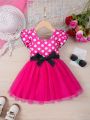 SHEIN Kids QTFun Little Girls' Knitted Polka Dot Patchwork Flying Sleeve Mesh Dress With Bowknot Decoration
