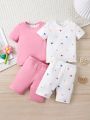 SHEIN Toddler Girls' Knitted Solid Color Heart Print Short Sleeve T-Shirt And Shorts Pajama Set
