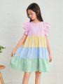 SHEIN Kids KDOMO Tween Girls' Loose Fit Casual Round Neck Striped Contrast Color Patchwork Flying Sleeve Dress
