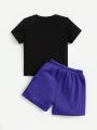 SHEIN Kids SPRTY Young Boy Slogan Patch Top And Plaid Detail Shorts Casual Comfortable 2pcs/Set