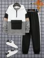 SHEIN Boys' Loose Fit Casual Color Block Hoodie And Sweatpants Set