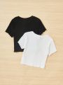 SHEIN Kids EVRYDAY Big Girls' Knitted Solid Color Round Neck Casual Short T-shirt 2pcs/set