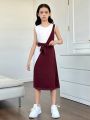 SHEIN Kids EVRYDAY Tween Girl's Knitted Color Block Loose Fit Casual Sleeveless Dress With Round Neckline