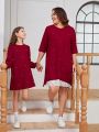 SHEIN Girls' Knitted Solid Color Beaded Loose Casual Dress With Round Neck, Mommy And Me Matching Outfits (2 Pieces Are Sold Separately)