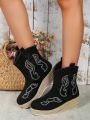 Women's Platform Thick Heel Boots With Embroidery Design, Slip On Style, Large Size, Retro Ankle Booties With Jute Sole For Autumn And Winter
