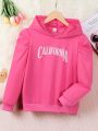 Tween Girls' Hooded Sweatshirt With Letter Patch Puff Sleeves