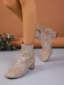 Women's Fashionable Pointed Toe Side Zipper Chunky Heel Short Boots With Golden Sequins For Fall Winter, Elegant & Slimming