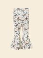 SHEIN Baby Letter Graphic Bodysuit & Floral Print Flare Leg Pants Without Headband