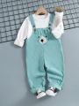 SHEIN Kids EVRYDAY Toddler Boys' Casual Fashionable Bear Embroidery Jumpsuit For Spring & Autumn