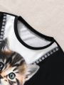 SHEIN Kids EVRYDAY Big Girls' 3d Digital Printed Cat Pullover Sweatshirt With Round Neck