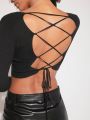 LARAMEE Lace Up Backless Crop Cardigan